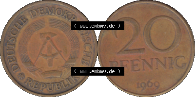 20 / Zwanzig Pfennig 1969 (Stück 17), 1960er Jahre, DDR-Telefonmünze, sich 20 / Zwanzig Pfennig-Stücke, bzw. Münzen der DDR Sammlung