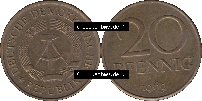 20 / Zwanzig Pfennig 1969 (Stück 38), 1960er Jahre, DDR-Telefonmünze, sich 20 / Zwanzig Pfennig-Stücke, bzw. Münzen der DDR Sammlung