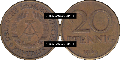 20 / Zwanzig Pfennig 1969 (Stück 40), 1960er Jahre, DDR-Telefonmünze, sich 20 / Zwanzig Pfennig-Stücke, bzw. Münzen der DDR Sammlung