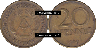 20 / Zwanzig Pfennig 1969 (Stück 33), 1960er Jahre, DDR-Telefonmünze, sich 20 / Zwanzig Pfennig-Stücke, bzw. Münzen der DDR,... Sammlung