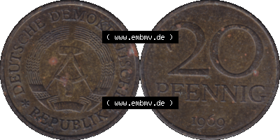 20 / Zwanzig Pfennig 1969 (Stück 24), 1960er Jahre, DDR-Telefonmünze, sich 20 / Zwanzig Pfennig-Stücke, bzw. Münzen der DDR Sammlung