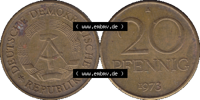 20 / Zwanzig Pfennig 1973 (Stück 2), DDR-Telefonmünze, sich 20 / Zwanzig Pfennig-Stücke, bzw. Münzen der DDR Sammlung