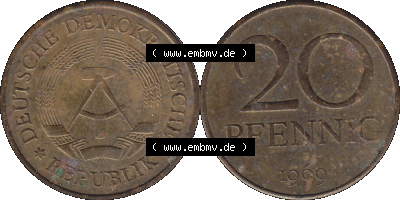 20 / Zwanzig Pfennig 1969 (Stück 26), 1960er Jahre, DDR-Telefonmünze, sich 20 / Zwanzig Pfennig-Stücke, bzw. Münzen der DDR Sammlung