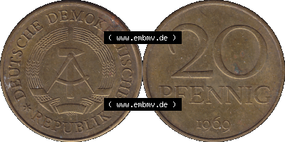 20 / Zwanzig Pfennig 1969 (Stück 8), DDR-Telefonmünze, sich 20 / Zwanzig Pfennig-Stücke, bzw. Münzen der DDR Sammlung