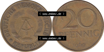 20 / Zwanzig Pfennig 1969 (Stück 16), 1960er Jahre, DDR-Telefonmünze, sich 20 / Zwanzig Pfennig-Stücke, bzw. Münzen der DDR Sammlung