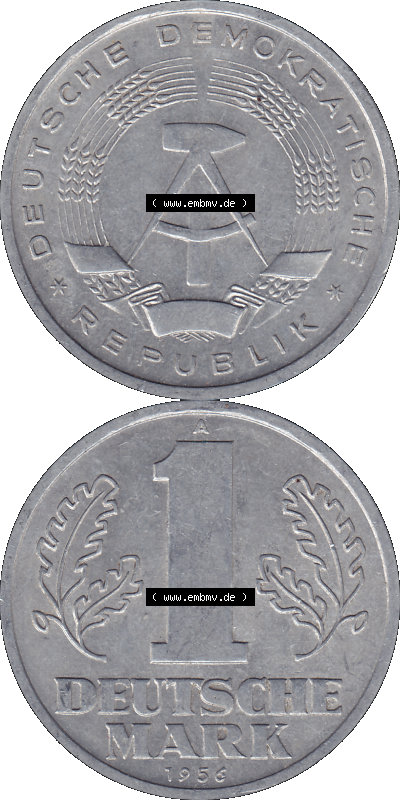 DDR Münze Umlaufmünze / Kursmünze 1956-1963, A 1 Deutsche Mark 1956 (Stück 3). Bildmaterial als transparente PNG-Grafik mit... Sammlung