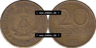 20 / Zwanzig Pfennig 1973 (Stück 1), DDR-Telefonmünze, sich 20 / Zwanzig Pfennig-Stücke, bzw. Münzen der DDR Sammlung