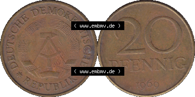 20 / Zwanzig Pfennig 1969 (Stück 30), 1960er Jahre, DDR-Telefonmünze, sich 20 / Zwanzig Pfennig-Stücke, bzw. Münzen der DDR,... Sammlung