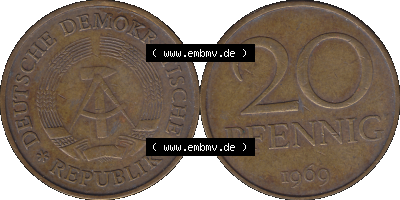 20 / Zwanzig Pfennig 1969 (Stück 27), 1960er Jahre, DDR-Telefonmünze, sich 20 / Zwanzig Pfennig-Stücke, bzw. Münzen der DDR Sammlung