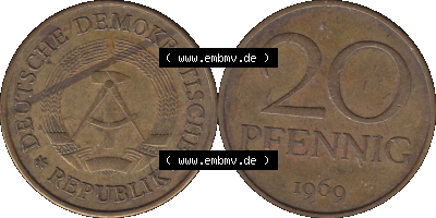 20 / Zwanzig Pfennig 1969 (Stück 9), DDR-Telefonmünze, sich 20 / Zwanzig Pfennig-Stücke, bzw. Münzen der DDR Sammlung