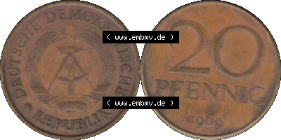 20 / Zwanzig Pfennig 1969 (Stück 12), 1960er Jahre, DDR-Telefonmünze, sich 20 / Zwanzig Pfennig-Stücke, bzw. Münzen der DDR Sammlung
