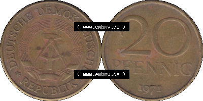 20 / Zwanzig Pfennig 1971 (Stück 3), 1970er Jahre, DDR-Telefonmünze, sich 20 / Zwanzig Pfennig-Stücke, bzw. Münzen der DDR Sammlung