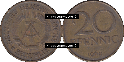 20 / Zwanzig Pfennig 1969 (Stück 32), 1960er Jahre, DDR-Telefonmünze, sich 20 / Zwanzig Pfennig-Stücke, bzw. Münzen der DDR,... Sammlung