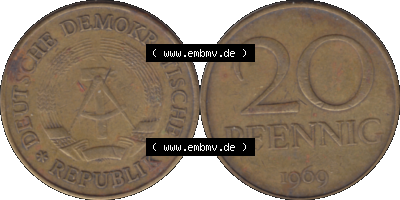 20 / Zwanzig Pfennig 1969 (Stück 22), 1960er Jahre, DDR-Telefonmünze, sich 20 / Zwanzig Pfennig-Stücke, bzw. Münzen der DDR Sammlung