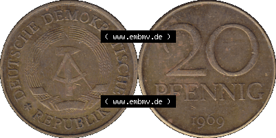 20 / Zwanzig Pfennig 1969 (Stück 5), DDR-Telefonmünze, sich 20 / Zwanzig Pfennig-Stücke, bzw. Münzen der DDR Sammlung