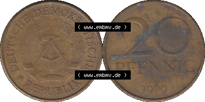 20 / Zwanzig Pfennig 1969 (Stück 29), 1960er Jahre, DDR-Telefonmünze, sich 20 / Zwanzig Pfennig-Stücke, bzw. Münzen der DDR,... Sammlung