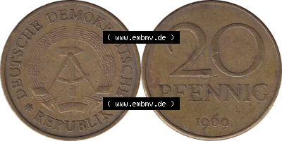 20 / Zwanzig Pfennig 1969 (Stück 10), DDR-Telefonmünze, sich 20 / Zwanzig Pfennig-Stücke, bzw. Münzen der DDR Sammlung