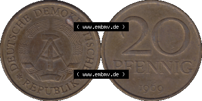 20 / Zwanzig Pfennig 1969 (Stück 14), 1960er Jahre, DDR-Telefonmünze, sich 20 / Zwanzig Pfennig-Stücke, bzw. Münzen der DDR Sammlung