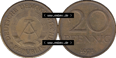 20 / Zwanzig Pfennig 1971 (Stück 5), 1970er Jahre, DDR-Telefonmünze, sich 20 / Zwanzig Pfennig-Stücke, bzw. Münzen der DDR Sammlung