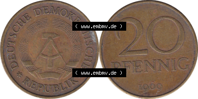 20 / Zwanzig Pfennig 1969 (Stück 35), 1960er Jahre, DDR-Telefonmünze, sich 20 / Zwanzig Pfennig-Stücke, bzw. Münzen der DDR,... Sammlung