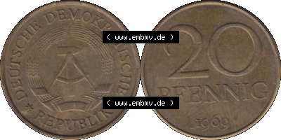20 / Zwanzig Pfennig 1969 (Stück 15), 1960er Jahre, DDR-Telefonmünze, sich 20 / Zwanzig Pfennig-Stücke, bzw. Münzen der DDR Sammlung