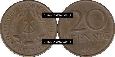20 / Zwanzig Pfennig 1969 (Stück 13), 1960er Jahre, DDR-Telefonmünze, sich 20 / Zwanzig Pfennig-Stücke, bzw. Münzen der DDR Sammlung
