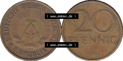 20 / Zwanzig Pfennig 1969 (Stück 34), 1960er Jahre, DDR-Telefonmünze, sich 20 / Zwanzig Pfennig-Stücke, bzw. Münzen der DDR,... Sammlung