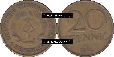 20 / Zwanzig Pfennig 1969 (Stück 21), 1960er Jahre, DDR-Telefonmünze, sich 20 / Zwanzig Pfennig-Stücke, bzw. Münzen der DDR Sammlung