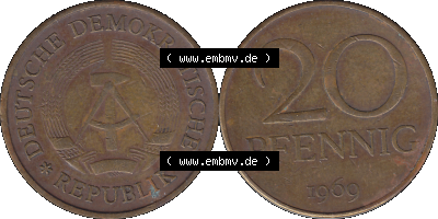 20 / Zwanzig Pfennig 1969 (Stück 36), 1960er Jahre, DDR-Telefonmünze, sich 20 / Zwanzig Pfennig-Stücke, bzw. Münzen der DDR,... Sammlung