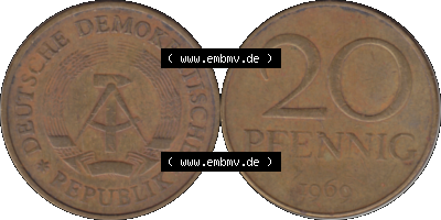 20 / Zwanzig Pfennig 1969 (Stück 23), 1960er Jahre, DDR-Telefonmünze, sich 20 / Zwanzig Pfennig-Stücke, bzw. Münzen der DDR Sammlung