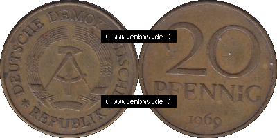 20 / Zwanzig Pfennig 1969 (Stück 31), 1960er Jahre, DDR-Telefonmünze, sich 20 / Zwanzig Pfennig-Stücke, bzw. Münzen der DDR,... Sammlung
