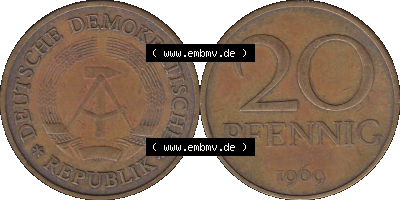 20 / Zwanzig Pfennig 1969 (Stück 43), 1960er Jahre, DDR-Telefonmünze, sich 20 / Zwanzig Pfennig-Stücke, bzw. Münzen der DDR Sammlung