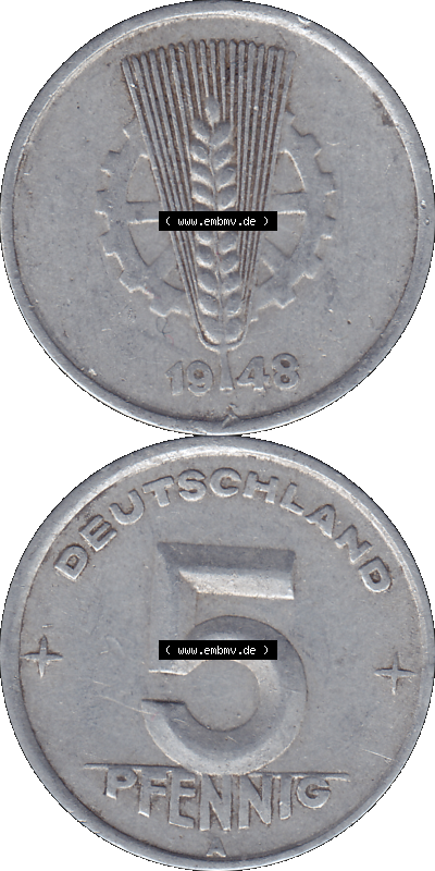 DDR Münze 1948-1990 Umlaufmünze / Kursmünze 1948-1950, Mzz. A für Berlin der DDR 5 Pfennig 1948, 5 / Fünf Pfennig-Stücke Sammlung
