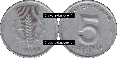 DDR Münze 1948-1990 Umlaufmünze / Kursmünze 1948-1950, Mzz. A für Berlin der DDR 5 Pfennig 1948, 5 / Fünf Pfennig-Stücke Sammlung