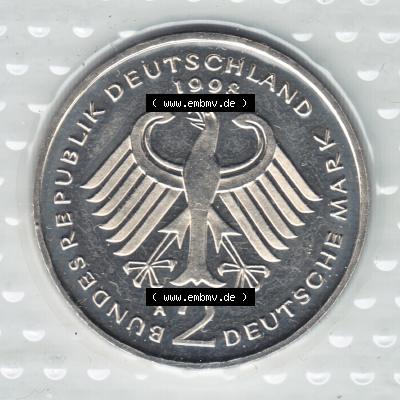 1990-2001, 2 DM-Deutsche Mark Franz Josef Strauß , Rückseite der Deutschen Mark Münze der Bundesrepublik Deutschland Sammlung