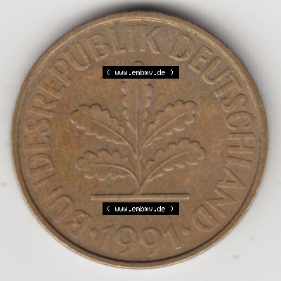 BRD-Münze 1990-2001, 10 Pfennig 1991 A-10 , Rückseite der 10 Pfennig Münze, den Münzen in der Deutschen Mark der Bundesrepublik Deutschland Sammlung