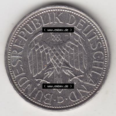 Münze der BRD Deutschland Umlaufmünze 1950-2001, 1 Deutsche Mark 1990 D , Rückseite der Deutschen Mark Münze der Bundesrepublik Deutschland Sammlung