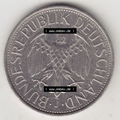 Münze der BRD Deutschland Umlaufmünze 1950-2001, 1 Deutsche Mark 1989 J , Rückseite der Deutschen Mark Münze der Bundesrepublik Deutschland Sammlung