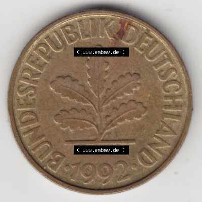 BRD-Münze 1990-2001, 10 Pfennig 1992 A , Rückseite der 10 Pfennig Münze, den Münzen in der Deutschen Mark der Bundesrepublik Deutschland Sammlung