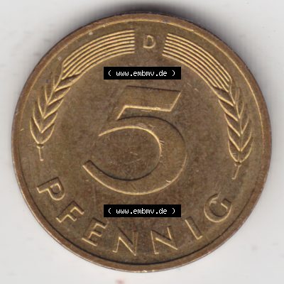 Münze der BRD Deutschland Umlaufmünze 1950-2001, 5 Pfennig 1995 D Sammlung