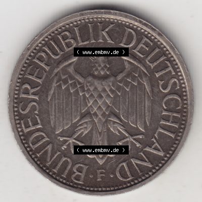 Münze der BRD Deutschland Umlaufmünze 1950-2001, 1 Deutsche Mark 1990 F , Rückseite der Deutschen Mark Münze der Bundesrepublik Deutschland Sammlung