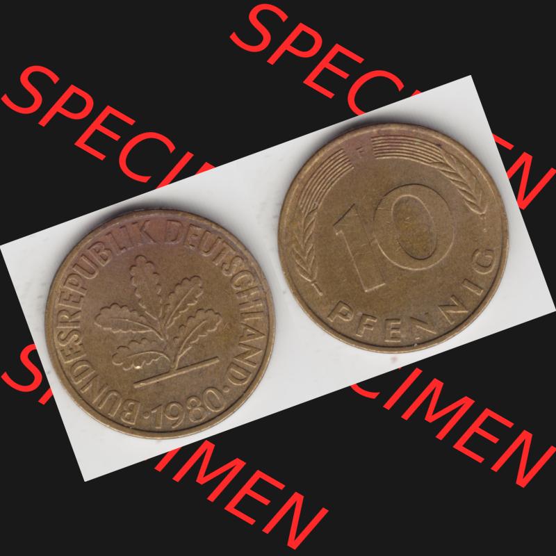 BRD Münze aus Deutschland 1950-2001, 10 Pfennig / 10 Pf. 1980 F - Vollansicht I. als Bildmaterial innerhalb vom online Katalog und online Datenbank für Münzen der... Sammlung