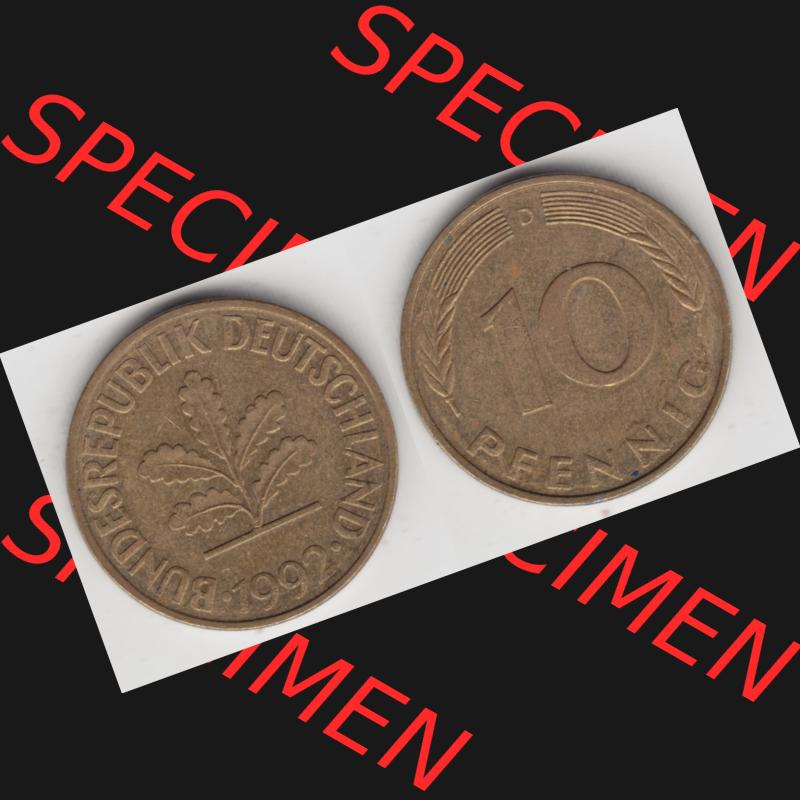 BRD Münze aus Deutschland 1950-2001, 10 Pfennig / 10 Pf. 1992 D - Vollansicht I. als Bildmaterial innerhalb vom online Katalog und online Datenbank für Münzen der... Sammlung