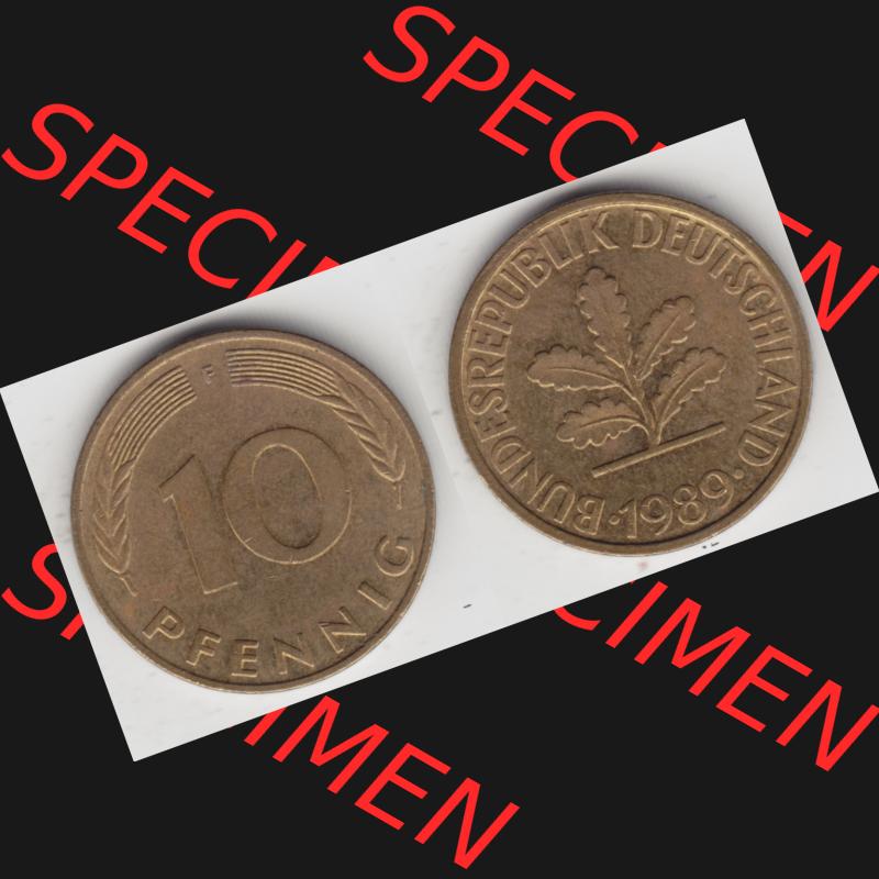 BRD Münze aus Deutschland 1950-2001, 10 Pfennig / 10 Pf. 1989 F - Vollansicht I. als Bildmaterial innerhalb vom online Katalog und online Datenbank für Münzen der... Sammlung