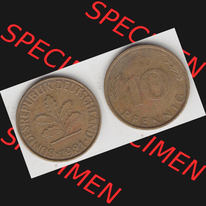 BRD Münze aus Deutschland 1950-2001, 10 Pfennig / 10 Pf. 1981 F - Vollansicht I. als Bildmaterial innerhalb vom online Katalog und online Datenbank für Münzen der... Sammlung