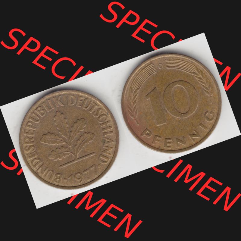 BRD Münze aus Deutschland 1950-2001, 10 Pfennig / 10 Pf. 1977 D - Vollansicht I. als Bildmaterial innerhalb vom online Katalog und online Datenbank für Münzen der... Sammlung