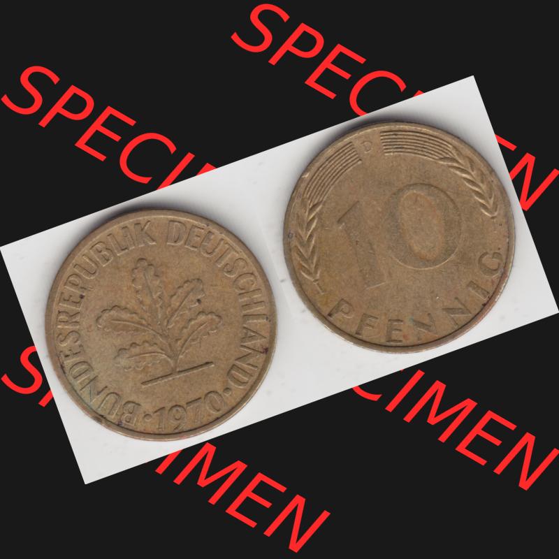 BRD Münze aus Deutschland 1950-2001, 10 Pfennig / 10 Pf. 1970 D - Vollansicht I. als Bildmaterial innerhalb vom online Katalog und online Datenbank für Münzen der... Sammlung