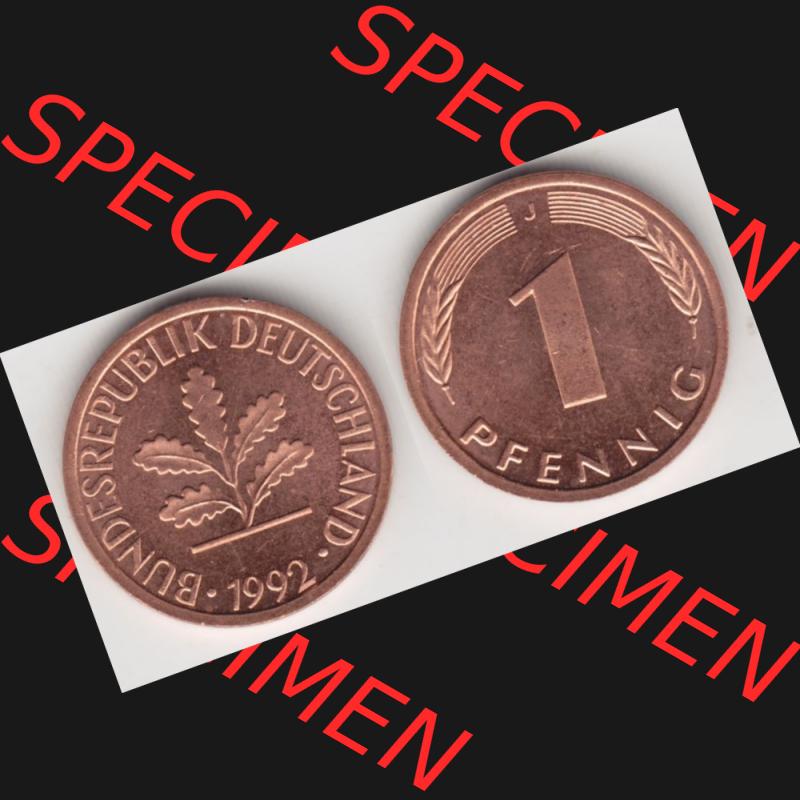 BRD Münze aus Deutschland 1950-2001, 1 Pfennig / 1 Pf. 1992 J - Vollansicht I.. Bild der Vorderseite und Rückseite einer 1 Pfennig Münze der Bundesrepublik... Sammlung