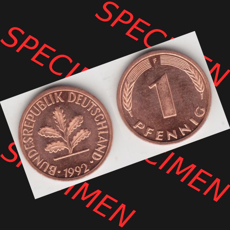 BRD Münze aus Deutschland 1950-2001, 1 Pfennig / 1 Pf. 1992 F - Vollansicht I.. Bild der Vorderseite und Rückseite einer 1 Pfennig Münze der Bundesrepublik... Sammlung