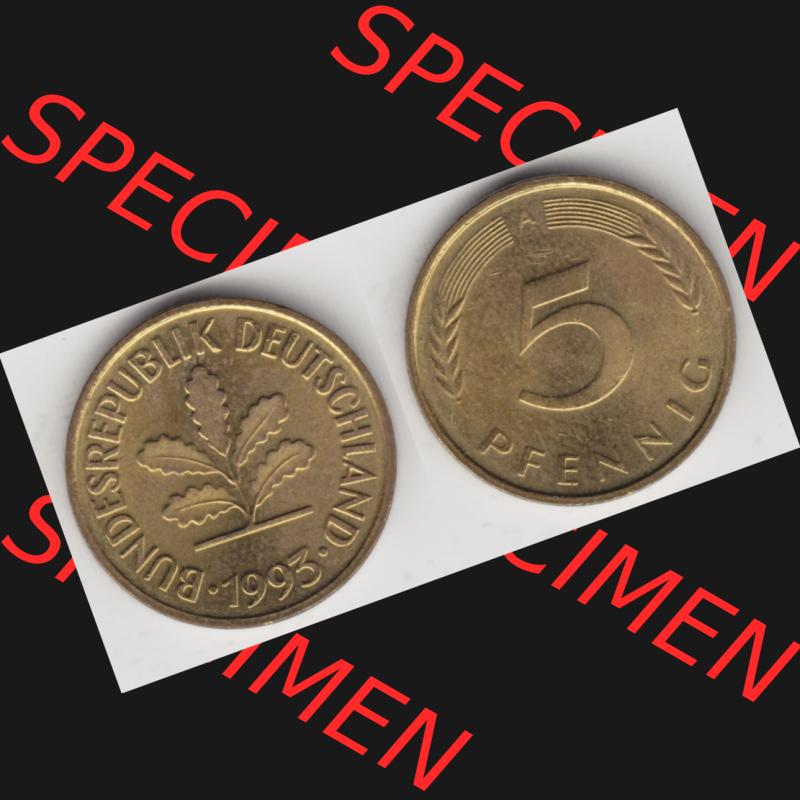 BRD Münze aus Deutschland 1950-2001, 5 Pfennig / 5 Pf. 1993 A - Vollansicht I. als Bildmaterial innerhalb vom online Katalog und online Datenbank für Münzen der BRD... Sammlung